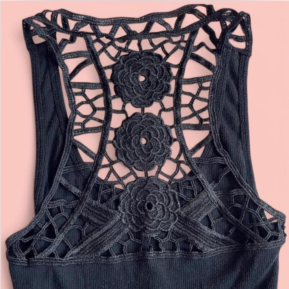 Black Tank Top with Lace Flower Back Design